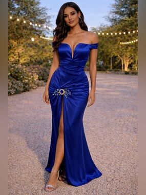 Faeriesty Off-Shoulder Sapphire Satin Evening Dress with Brooch Detail Medium